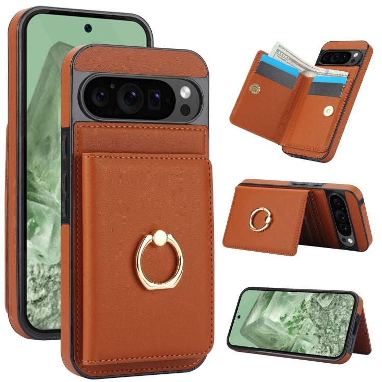 For Google Pixel 9 RFID Anti-theft Card Ring Holder Phone Case(Brown) - Google Cases by PMC TechLife | Online Shopping South Africa | PMC TechLife | Buy Now Pay Later Mobicred