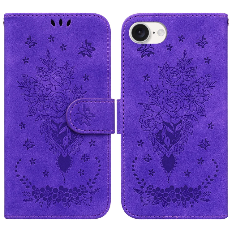 For iPhone 16e Butterfly Rose Embossed Leather Phone Case(Purple) - iPhone 16e Cases by PMC TechLife | Online Shopping South Africa | PMC TechLife | Buy Now Pay Later Mobicred
