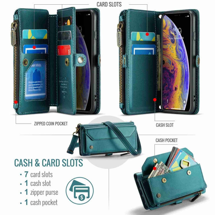 For iPhone XS / X CaseMe C36 Card Slots Zipper Wallet RFID Anti-theft Leather Phone Case(Blue-green) - free shipping - PMC Jewellery - Order now!