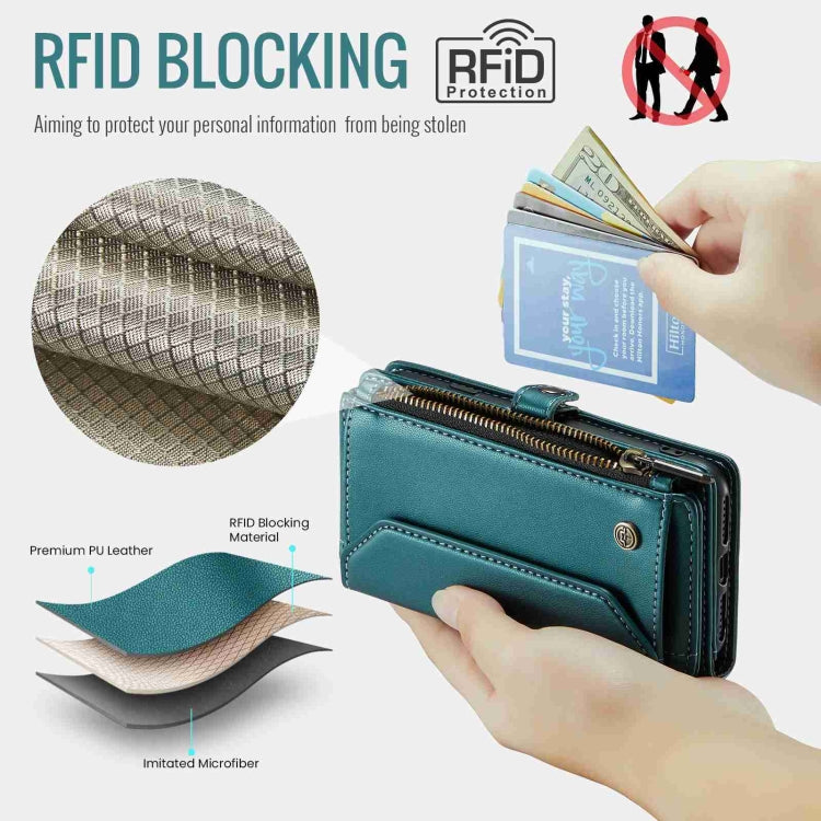 For iPhone 11 CaseMe C36 Card Slots Zipper Wallet RFID Anti-theft Leather Phone Case(Blue-green) - free shipping - PMC Jewellery - Order now!