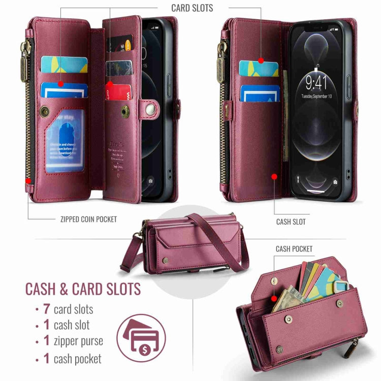 For iPhone 12 Pro CaseMe C36 Card Slots Zipper Wallet RFID Anti-theft Leather Phone Case(Wine Red) - free shipping - PMC Jewellery - Order now!