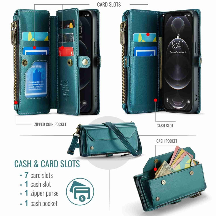 For iPhone 12 Pro Max CaseMe C36 Card Slots Zipper Wallet RFID Anti-theft Leather Phone Case(Blue-green) - free shipping - PMC Jewellery - Order now!
