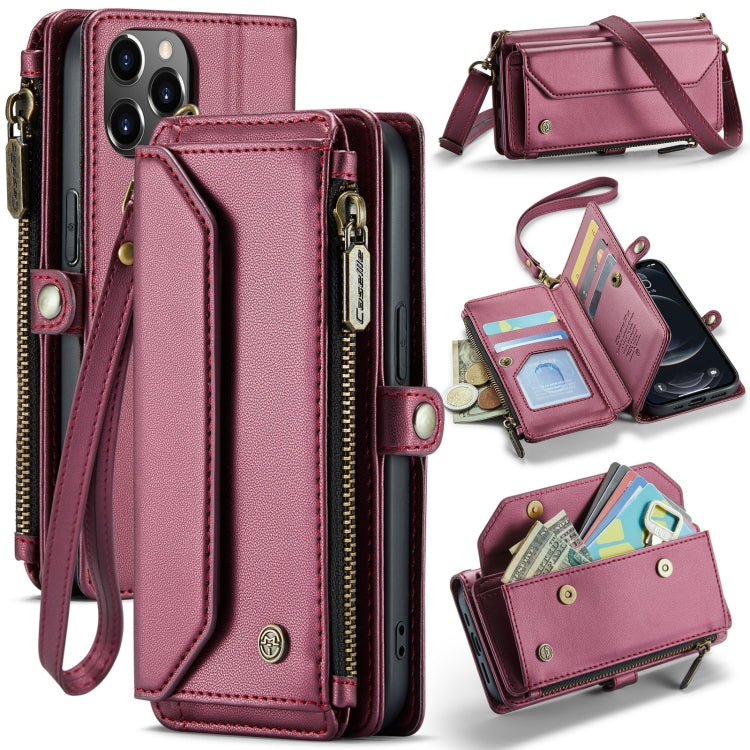 For iPhone 12 Pro Max CaseMe C36 Card Slots Zipper Wallet RFID Anti-theft Leather Phone Case(Wine Red) - free shipping - PMC Jewellery - Order now!