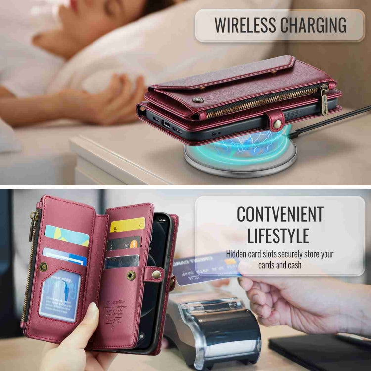 For iPhone 12 Pro Max CaseMe C36 Card Slots Zipper Wallet RFID Anti-theft Leather Phone Case(Wine Red) - free shipping - PMC Jewellery - Order now!