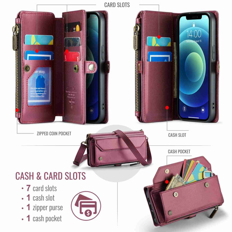 For iPhone 12 CaseMe C36 Card Slots Zipper Wallet RFID Anti-theft Leather Phone Case(Wine Red) - free shipping - PMC Jewellery - Order now!