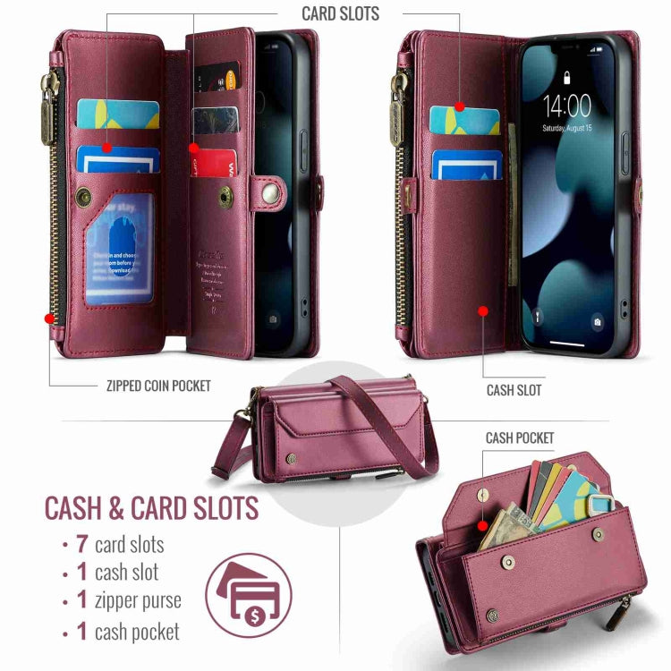 For iPhone 13 Pro Max CaseMe C36 Card Slots Zipper Wallet RFID Anti-theft Leather Phone Case(Wine Red) - free shipping - PMC Jewellery - Order now!