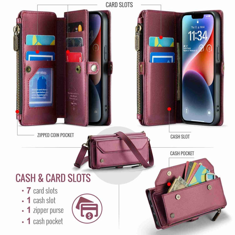 For iPhone 14 CaseMe C36 Card Slots Zipper Wallet RFID Anti-theft Leather Phone Case(Wine Red) - free shipping - PMC Jewellery - Order now!
