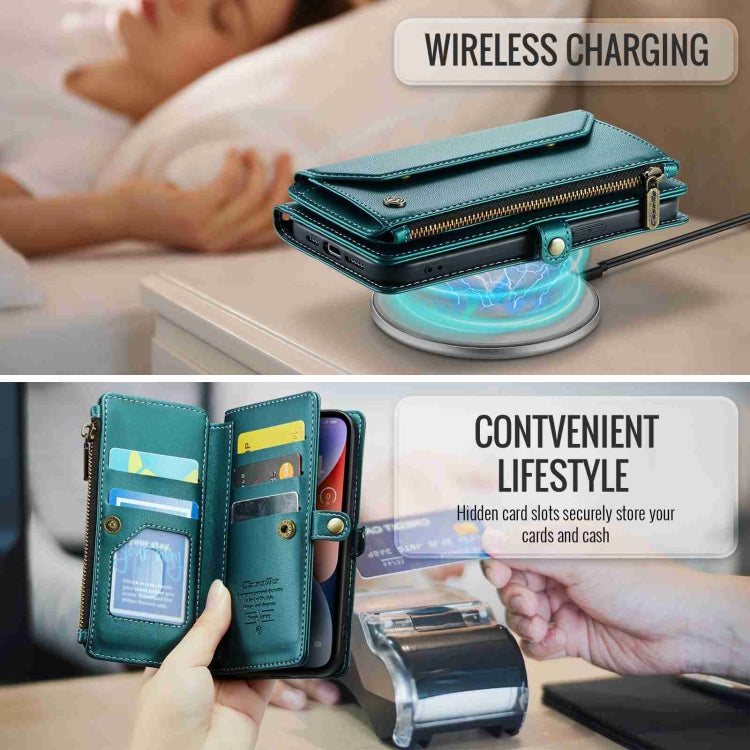 For iPhone 14 Plus CaseMe C36 Card Slots Zipper Wallet RFID Anti-theft Leather Phone Case(Blue-green) - free shipping - PMC Jewellery - Order now!