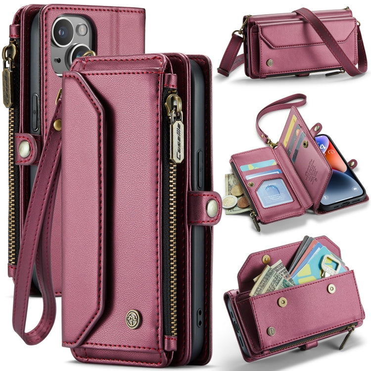 For iPhone 14 Plus CaseMe C36 Card Slots Zipper Wallet RFID Anti-theft Leather Phone Case(Wine Red) - free shipping - PMC Jewellery - Order now!