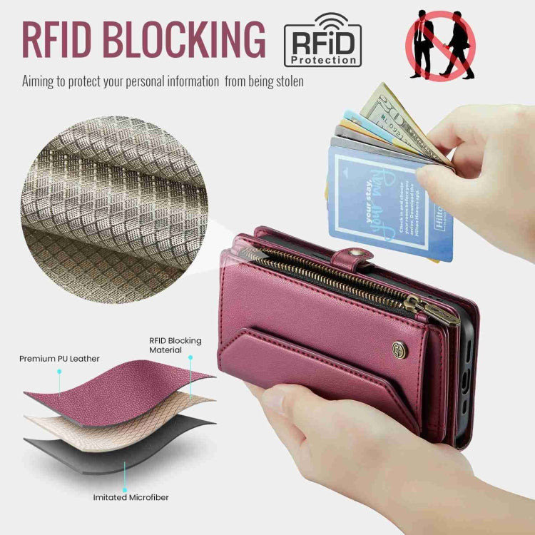 For iPhone 14 Plus CaseMe C36 Card Slots Zipper Wallet RFID Anti-theft Leather Phone Case(Wine Red) - free shipping - PMC Jewellery - Order now!