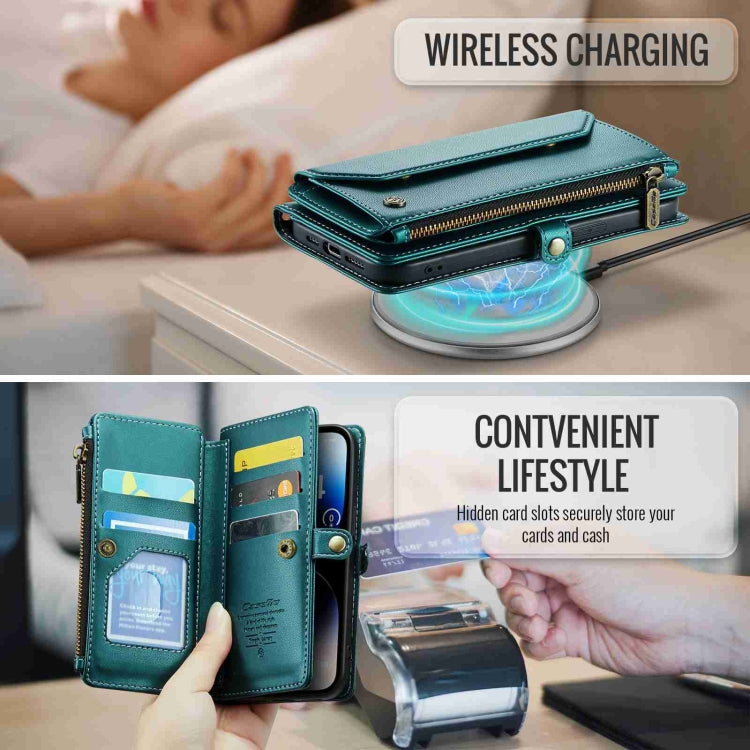 For iPhone 14 Pro CaseMe C36 Card Slots Zipper Wallet RFID Anti-theft Leather Phone Case(Blue-green) - free shipping - PMC Jewellery - Order now!