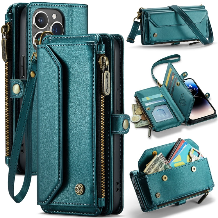 For iPhone 14 Pro Max CaseMe C36 Card Slots Zipper Wallet RFID Anti-theft Leather Phone Case(Blue-green) - free shipping - PMC Jewellery - Order now!