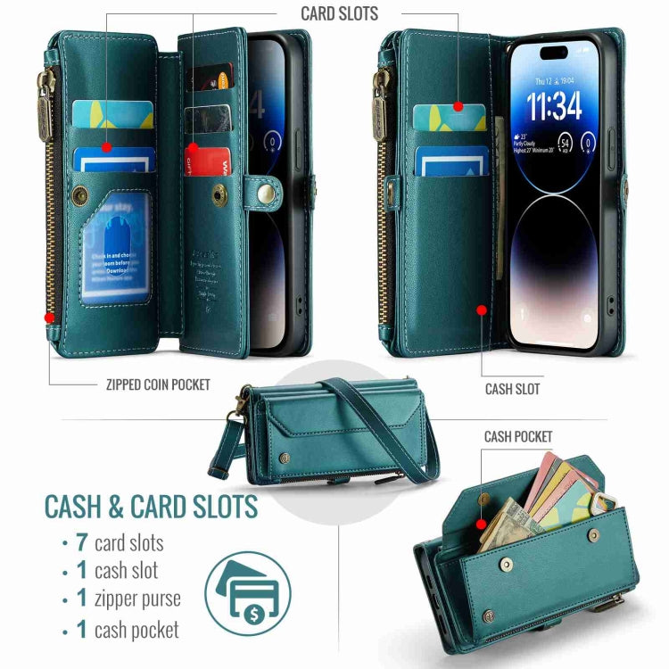 For iPhone 14 Pro Max CaseMe C36 Card Slots Zipper Wallet RFID Anti-theft Leather Phone Case(Blue-green) - free shipping - PMC Jewellery - Order now!