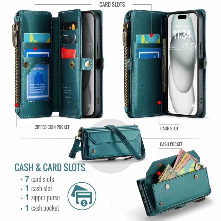 For iPhone 15 Plus CaseMe C36 Card Slots Zipper Wallet RFID Anti-theft Leather Phone Case(Blue-green) - free shipping - PMC Jewellery - Order now!