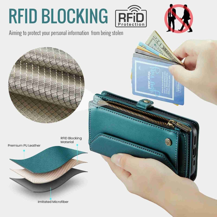 For iPhone 15 Plus CaseMe C36 Card Slots Zipper Wallet RFID Anti-theft Leather Phone Case(Blue-green) - free shipping - PMC Jewellery - Order now!