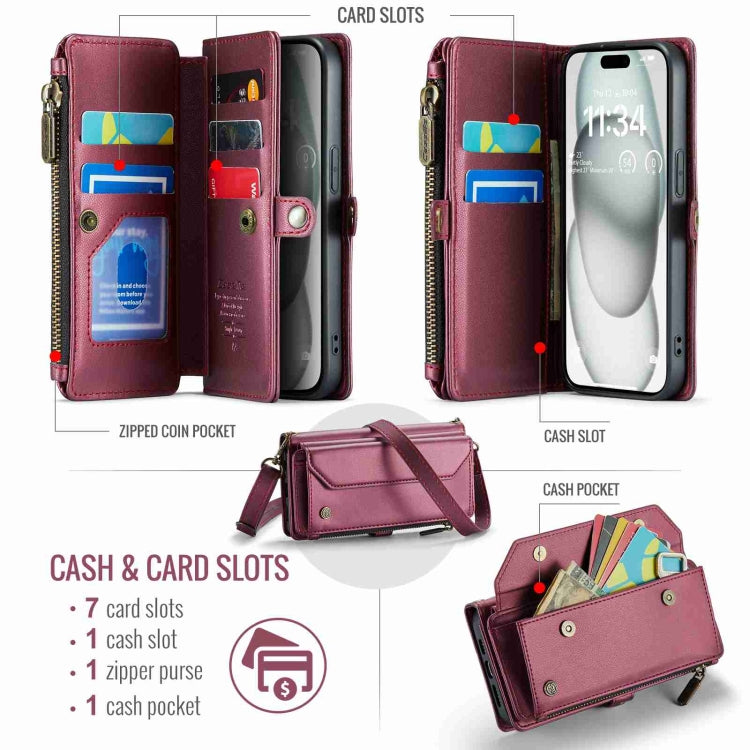 For iPhone 15 Plus CaseMe C36 Card Slots Zipper Wallet RFID Anti-theft Leather Phone Case(Wine Red) - free shipping - PMC Jewellery - Order now!