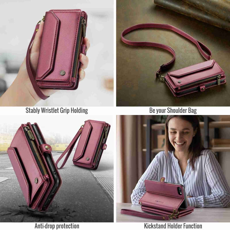 For iPhone SE 2022 / SE 2020 CaseMe C36 Card Slots Zipper Wallet RFID Anti-theft Leather Phone Case(Wine Red) - free shipping - PMC Jewellery - Order now!