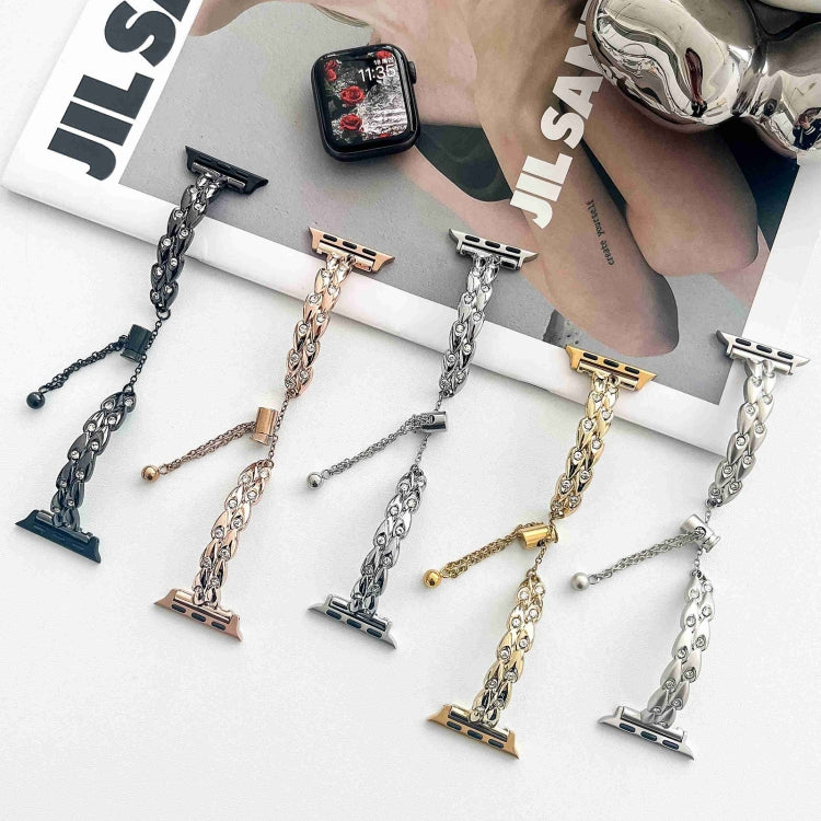 For Apple Watch SE 2023 44mm Rhinestone Peacock Metal Bracelet Watch Band(Black) - Watch Bands by PMc TechLife | Online Shopping South Africa | PMc TechLife | Buy Now Pay Later Mobicred