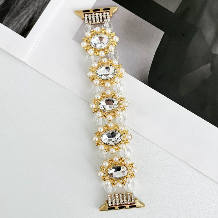 For Apple Watch Series 5 44mm Beaded Pearl Gemstone Bracelet Watch Band(Light Gold) - free shipping - PMC TechLife - Order now!