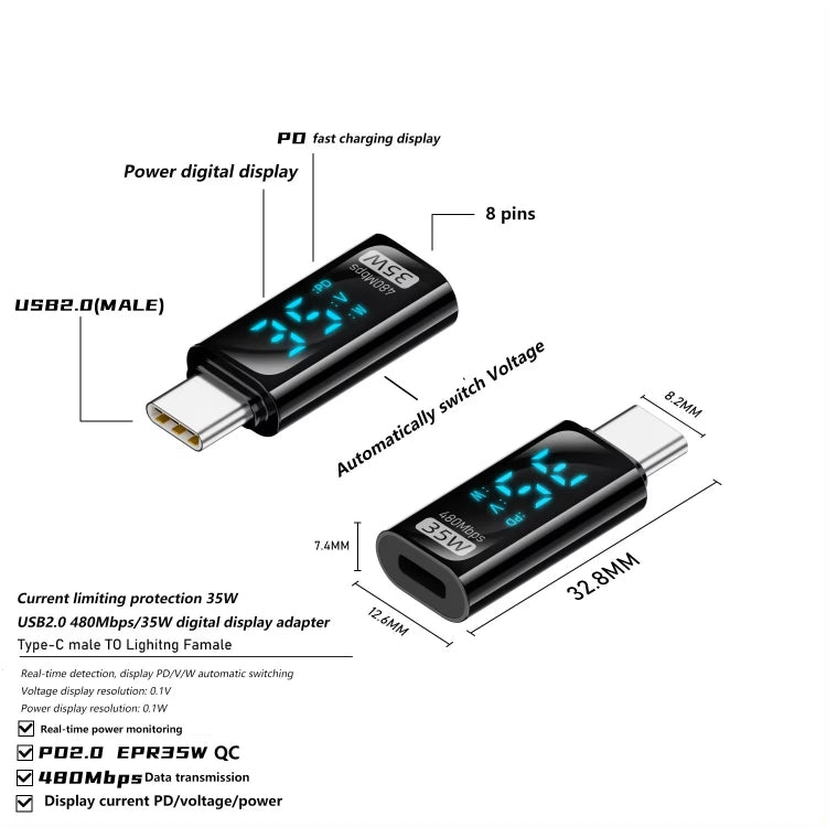 Type-C Male to 8 Pin Female 35W Charging Adapter with Digital Display(Black) - free shipping - PMC Jewellery - Order now!