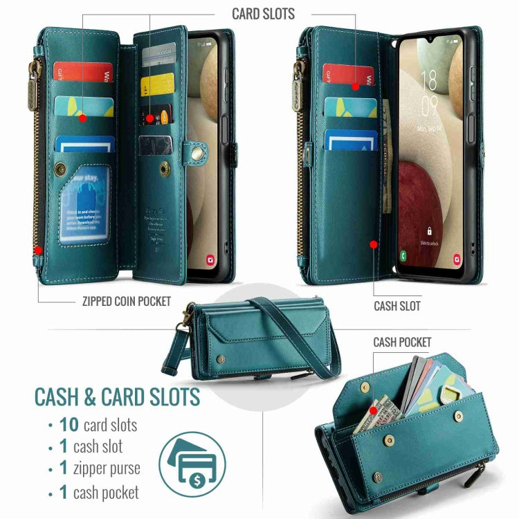 For Samsung Galaxy A12 5G CaseMe C36 Card Slots Zipper Wallet RFID Anti-theft Leather Phone Case(Blue-green) - free shipping - PMC Jewellery - Order now!