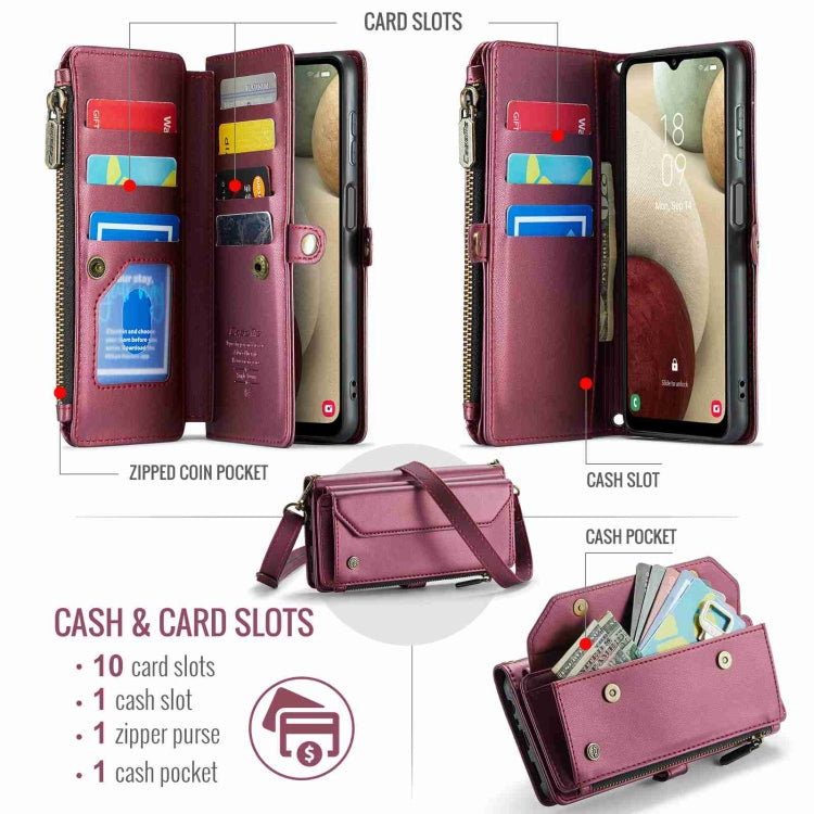 For Samsung Galaxy A12 5G CaseMe C36 Card Slots Zipper Wallet RFID Anti-theft Leather Phone Case(Wine Red) - free shipping - PMC Jewellery - Order now!