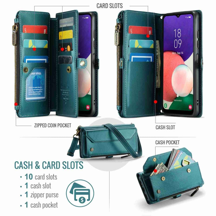 For Samsung Galaxy A22 5G CaseMe C36 Card Slots Zipper Wallet RFID Anti-theft Leather Phone Case(Blue-green) - free shipping - PMC Jewellery - Order now!