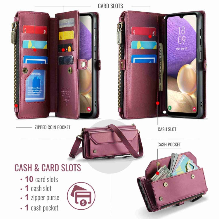 For Samsung Galaxy A32 5G CaseMe C36 Card Slots Zipper Wallet RFID Anti-theft Leather Phone Case(Wine Red) - free shipping - PMC Jewellery - Order now!