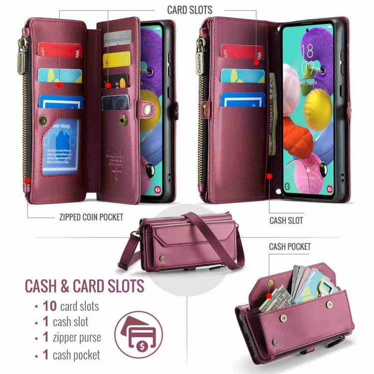 For Samsung Galaxy A51 4G CaseMe C36 Card Slots Zipper Wallet RFID Anti-theft Leather Phone Case(Wine Red) - free shipping - PMC Jewellery - Order now!