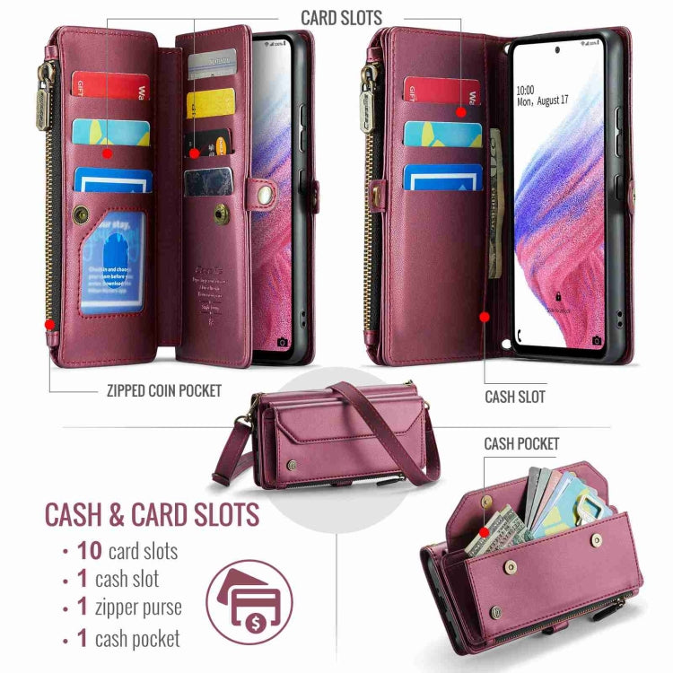 For Samsung Galaxy A53 5G CaseMe C36 Card Slots Zipper Wallet RFID Anti-theft Leather Phone Case(Wine Red) - free shipping - PMC Jewellery - Order now!