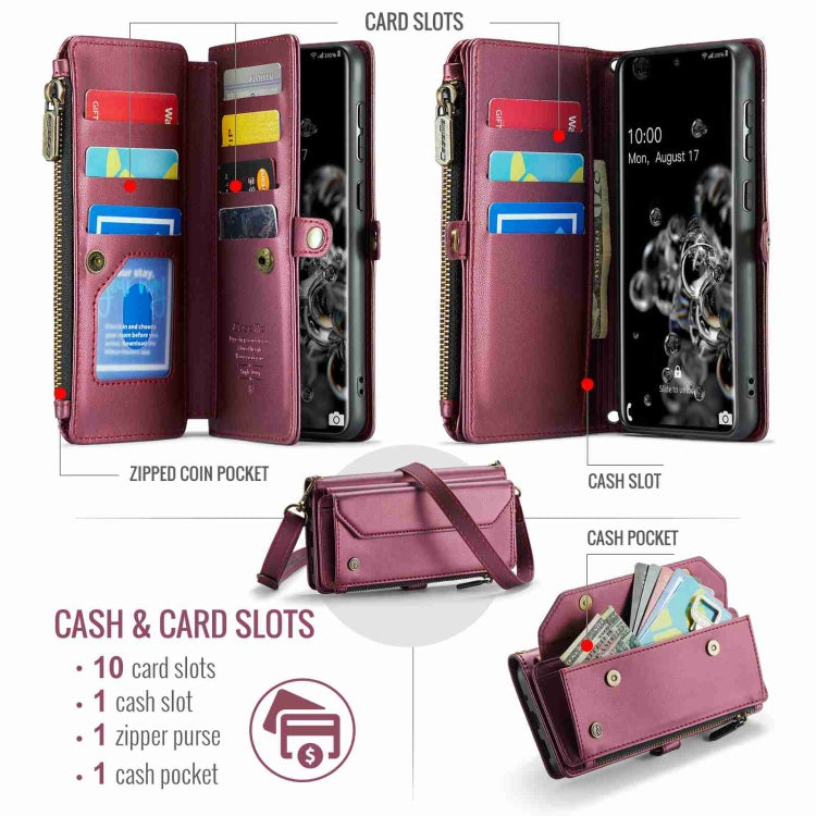 For Samsung Galaxy S20 Ultra CaseMe C36 Card Slots Zipper Wallet RFID Anti-theft Leather Phone Case(Wine Red) - free shipping - PMC Jewellery - Order now!