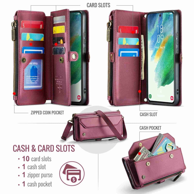 For Samsung Galaxy S21 FE 5G CaseMe C36 Card Slots Zipper Wallet RFID Anti-theft Leather Phone Case(Wine Red) - free shipping - PMC Jewellery - Order now!