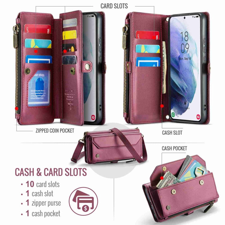 For Samsung Galaxy S21+ 5G CaseMe C36 Card Slots Zipper Wallet RFID Anti-theft Leather Phone Case(Wine Red) - free shipping - PMC Jewellery - Order now!