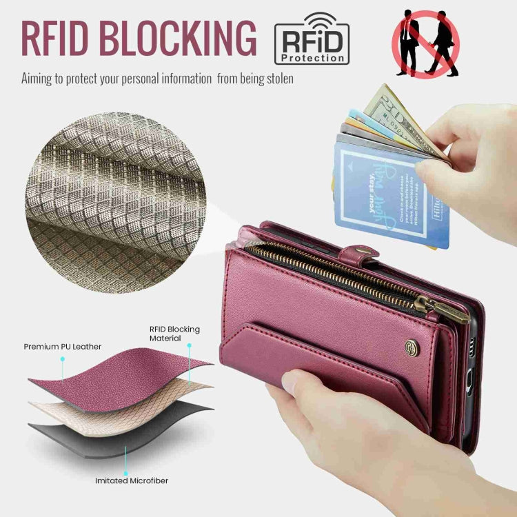 For Samsung Galaxy S21+ 5G CaseMe C36 Card Slots Zipper Wallet RFID Anti-theft Leather Phone Case(Wine Red) - free shipping - PMC Jewellery - Order now!