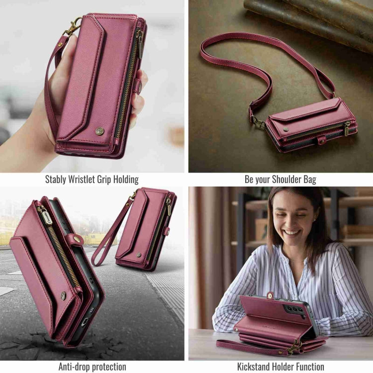 For Samsung Galaxy S21+ 5G CaseMe C36 Card Slots Zipper Wallet RFID Anti-theft Leather Phone Case(Wine Red) - free shipping - PMC Jewellery - Order now!
