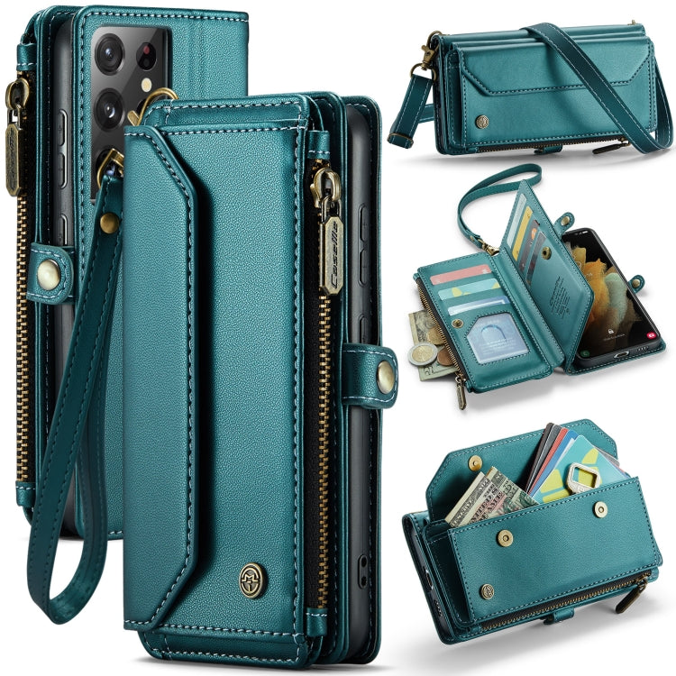 For Samsung Galaxy S21 Ultra 5G CaseMe C36 Card Slots Zipper Wallet RFID Anti-theft Leather Phone Case(Blue-green) - free shipping - PMC Jewellery - Order now!