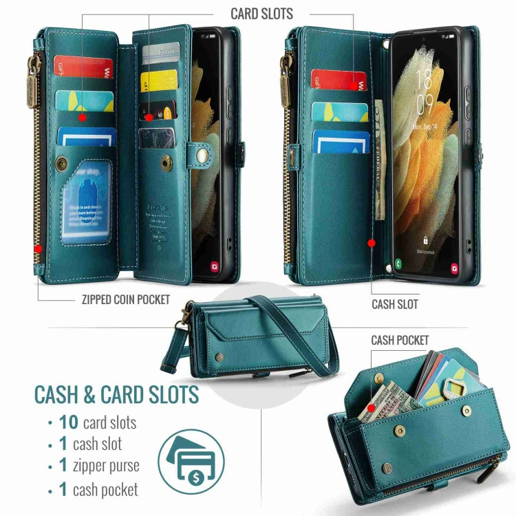 For Samsung Galaxy S21 Ultra 5G CaseMe C36 Card Slots Zipper Wallet RFID Anti-theft Leather Phone Case(Blue-green) - free shipping - PMC Jewellery - Order now!