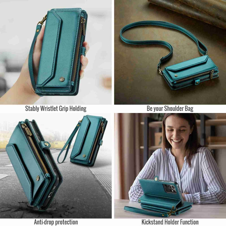For Samsung Galaxy S21 Ultra 5G CaseMe C36 Card Slots Zipper Wallet RFID Anti-theft Leather Phone Case(Blue-green) - free shipping - PMC Jewellery - Order now!