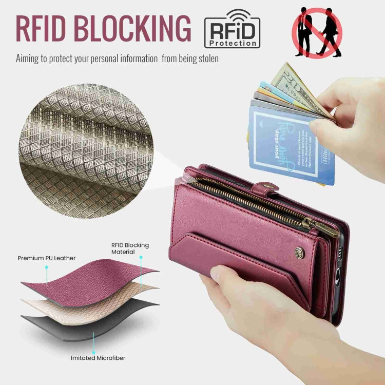 For Samsung Galaxy S21 5G CaseMe C36 Card Slots Zipper Wallet RFID Anti-theft Leather Phone Case(Wine Red) - free shipping - PMC Jewellery - Order now!
