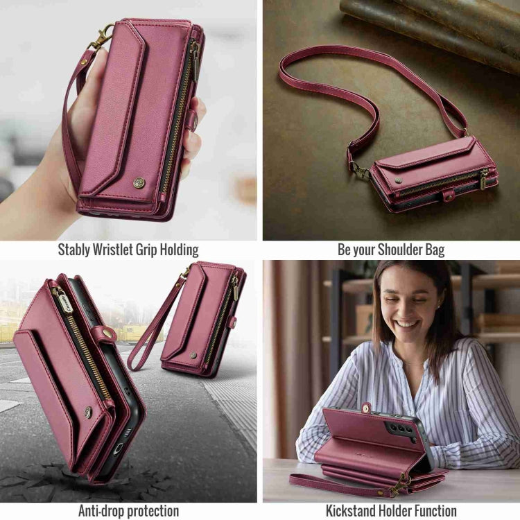 For Samsung Galaxy S21 5G CaseMe C36 Card Slots Zipper Wallet RFID Anti-theft Leather Phone Case(Wine Red) - free shipping - PMC Jewellery - Order now!