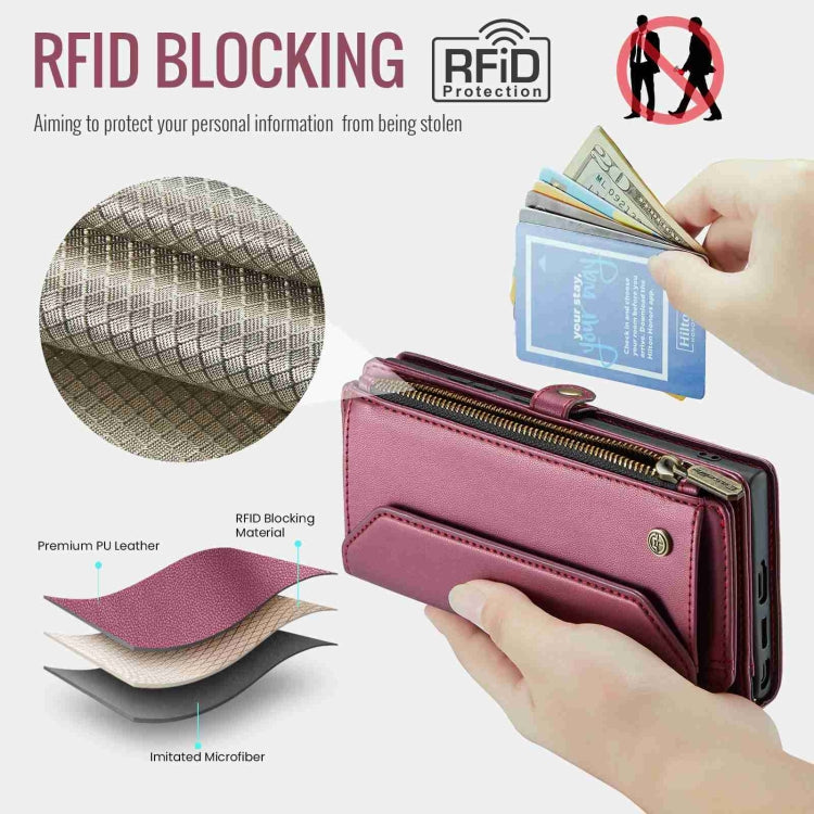 For Samsung Galaxy S22 Ultra 5G CaseMe C36 Card Slots Zipper Wallet RFID Anti-theft Leather Phone Case(Wine Red) - free shipping - PMC Jewellery - Order now!