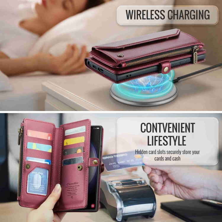 For Samsung Galaxy S23 Ultra 5G CaseMe C36 Card Slots Zipper Wallet RFID Anti-theft Leather Phone Case(Wine Red) - free shipping - PMC Jewellery - Order now!