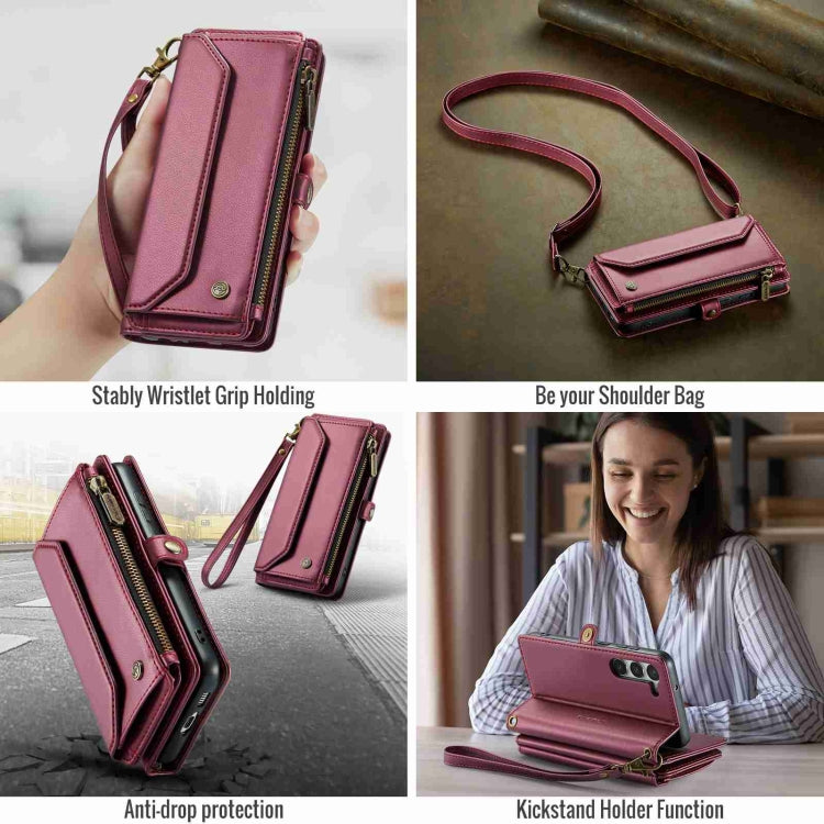 For Samsung Galaxy S23 5G CaseMe C36 Card Slots Zipper Wallet RFID Anti-theft Leather Phone Case(Wine Red) - free shipping - PMC Jewellery - Order now!
