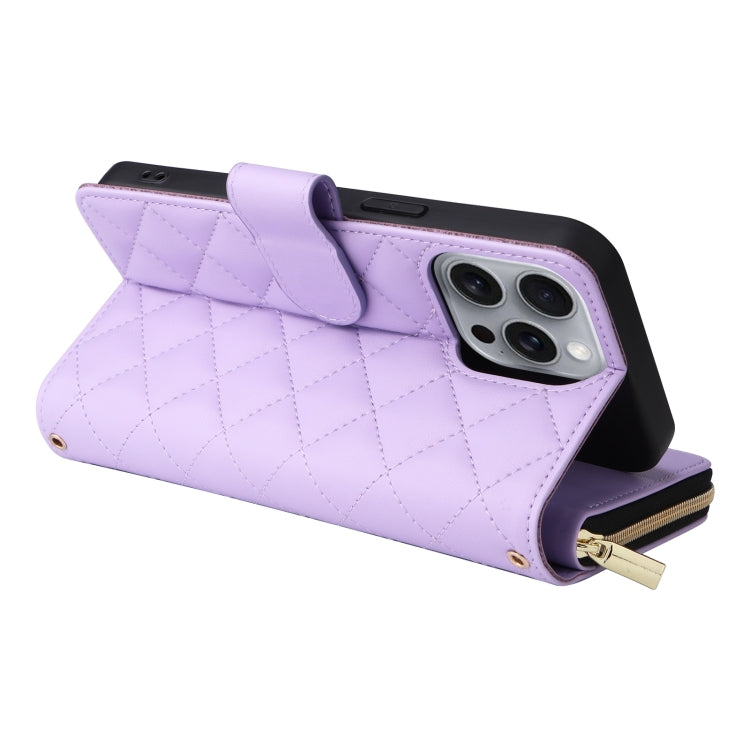 For iPhone 16 Pro Max Crossbody Rhombic Zipper Tower Buckle Leather Phone Case with Lanyard(Purple) - iPhone 16 Pro Max Cases by PMC TechLife | Online Shopping South Africa | PMC TechLife | Buy Now Pay Later Mobicred