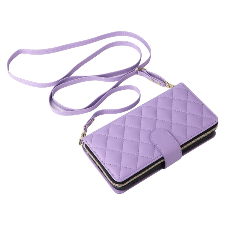 For iPhone 16 Pro Max Crossbody Rhombic Zipper Tower Buckle Leather Phone Case with Lanyard(Purple) - iPhone 16 Pro Max Cases by PMC TechLife | Online Shopping South Africa | PMC TechLife | Buy Now Pay Later Mobicred