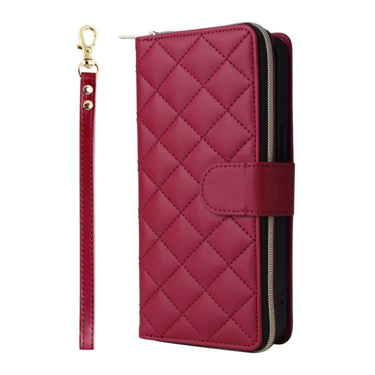 For iPhone 16 Pro Max Crossbody Rhombic Zipper Tower Buckle Leather Phone Case with Lanyard(Wine Red) - free shipping - PMC TechLife - Order now!
