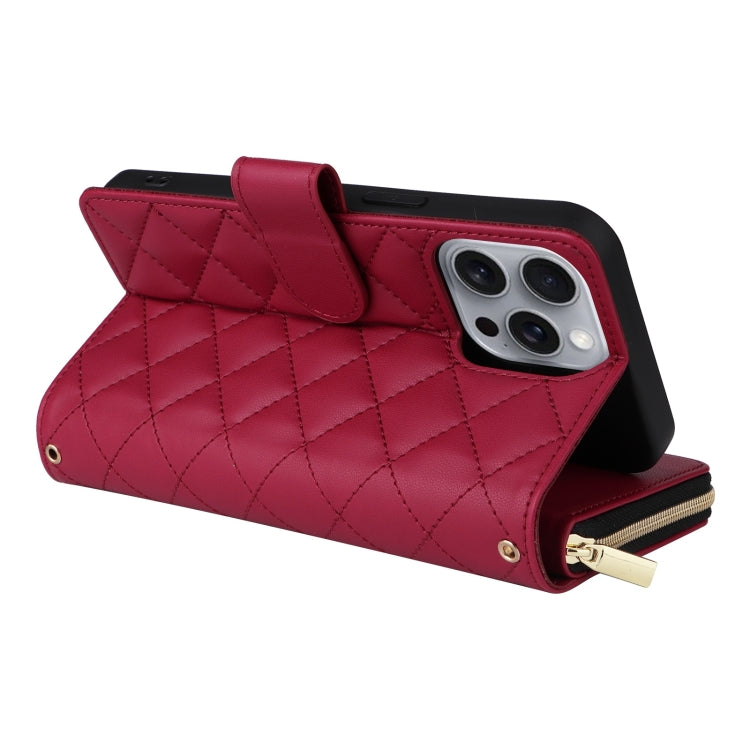 For iPhone 16 Pro Max Crossbody Rhombic Zipper Tower Buckle Leather Phone Case with Lanyard(Wine Red) - free shipping - PMC TechLife - Order now!