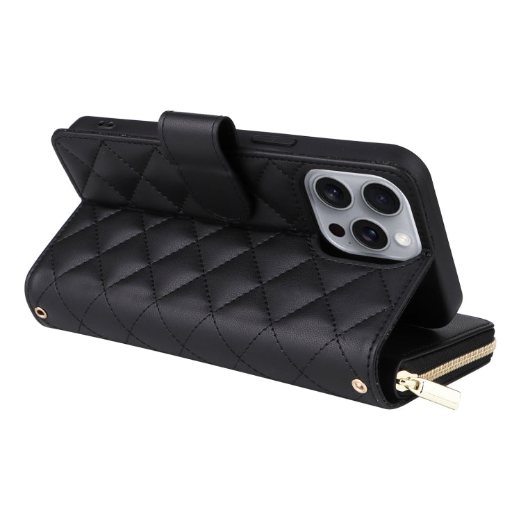 For iPhone 16 Pro Max Crossbody Rhombic Zipper Tower Buckle Leather Phone Case with Lanyard(Black) - iPhone 16 Pro Max Cases by PMC TechLife | Online Shopping South Africa | PMC TechLife | Buy Now Pay Later Mobicred