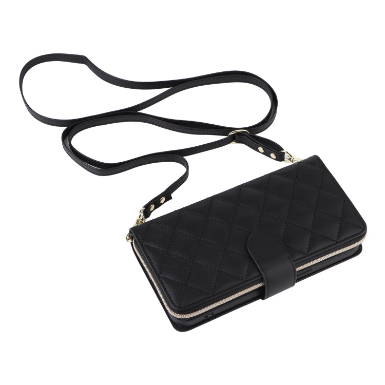 For iPhone 16 Pro Max Crossbody Rhombic Zipper Tower Buckle Leather Phone Case with Lanyard(Black) - iPhone 16 Pro Max Cases by PMC TechLife | Online Shopping South Africa | PMC TechLife | Buy Now Pay Later Mobicred