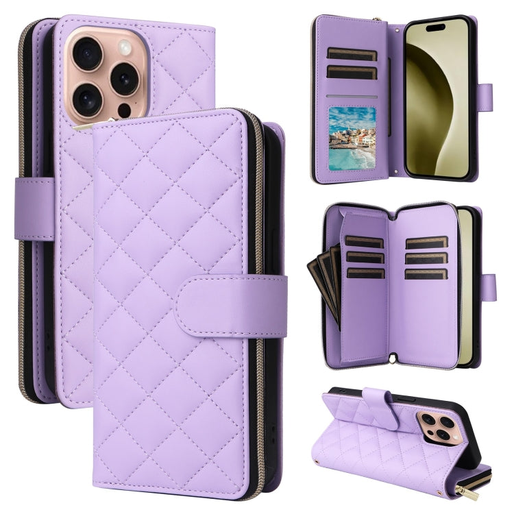For iPhone 16 Pro Crossbody Rhombic Zipper Tower Buckle Leather Phone Case with Lanyard(Purple) - free shipping - PMC TechLife - Order now!